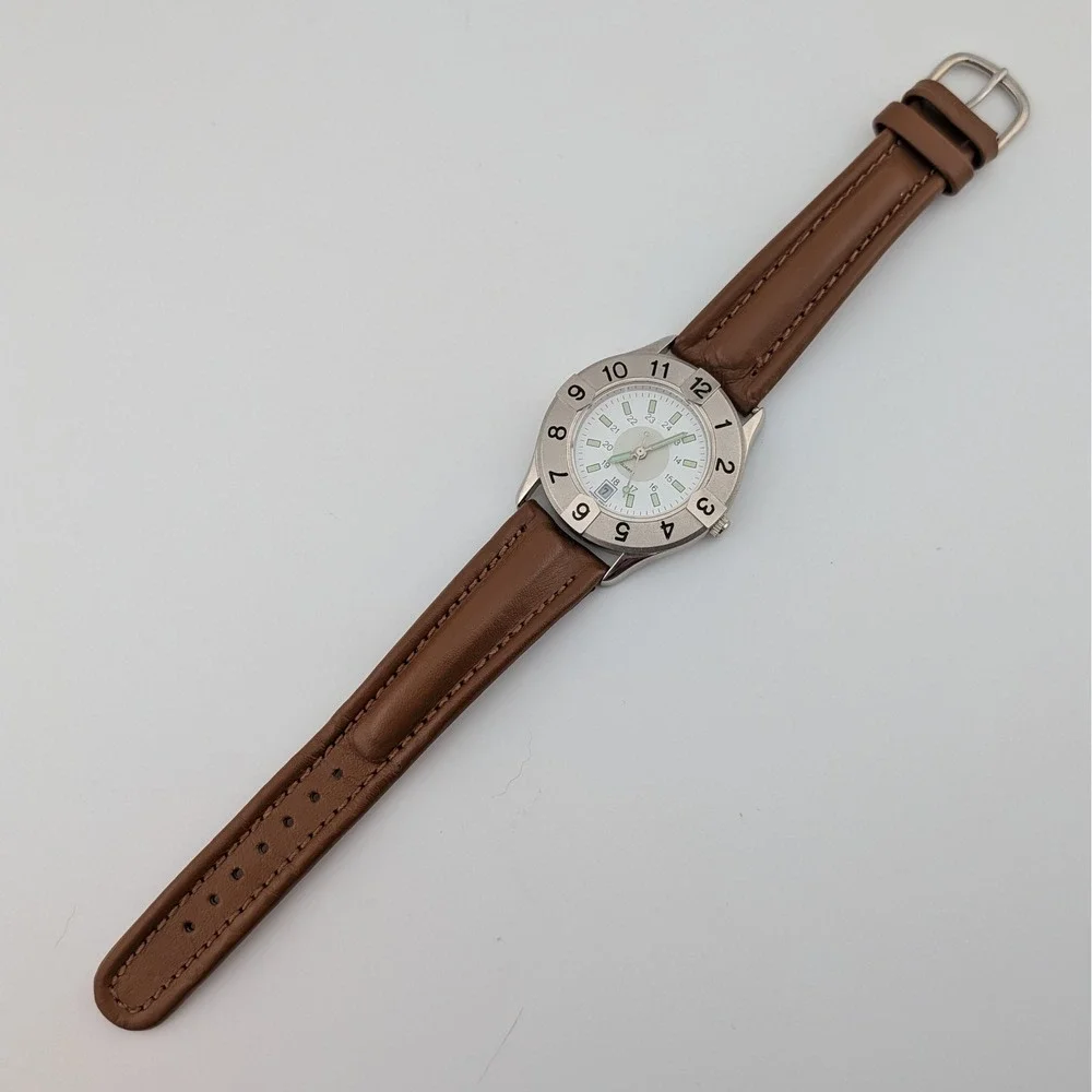 Avon Y2K Number Bezel Watch Green Markers‎ Brown Leather Strap